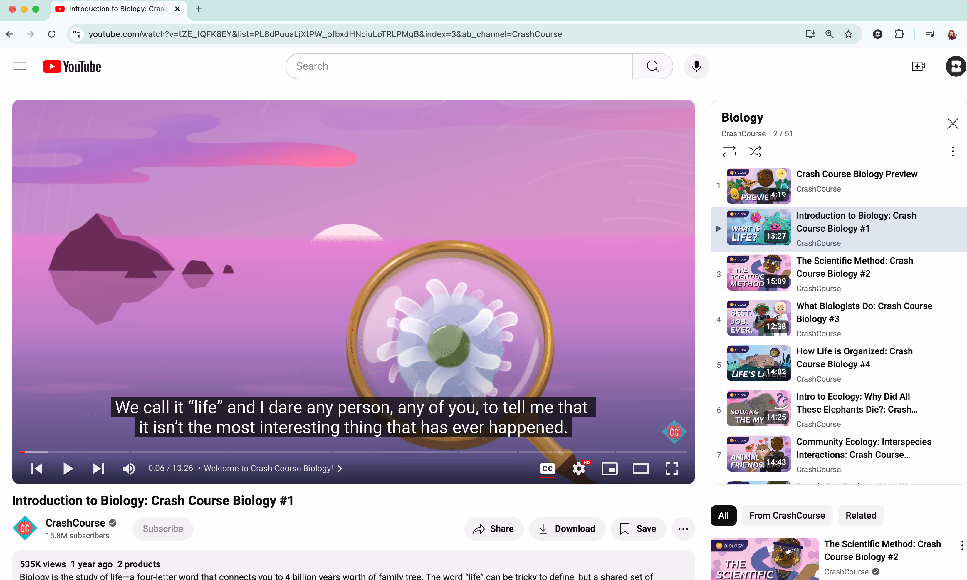 A website with a video of a person talking about biology.